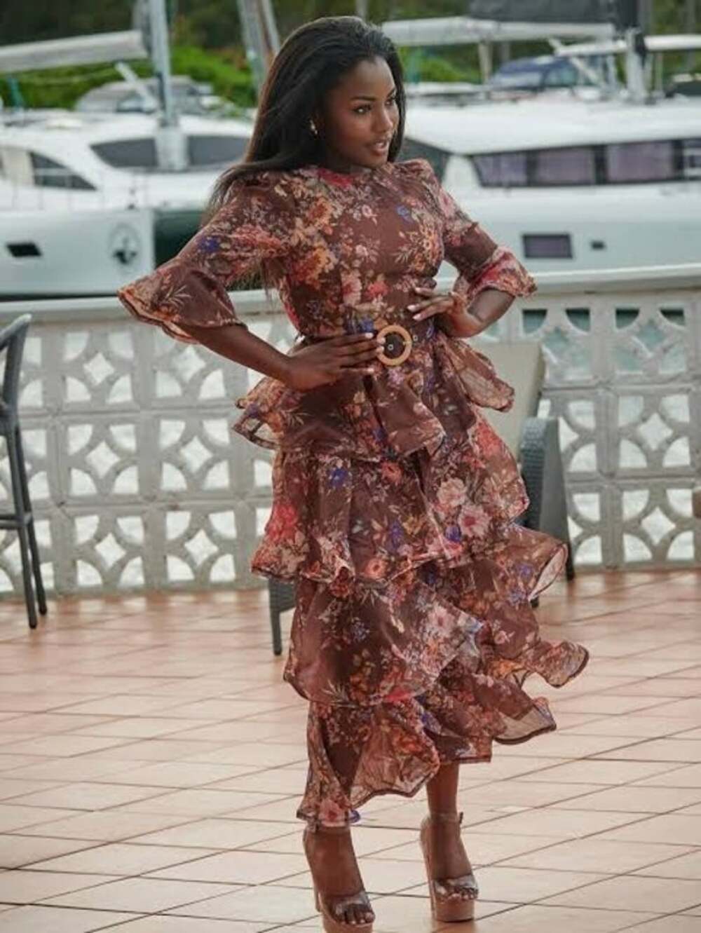 INA Brown Floral Chiffon Tiered Ruffle Maxi Dress Size S NWT